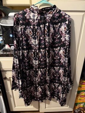 Black Floral-Print Mini Dress with Pink & Cream Accents